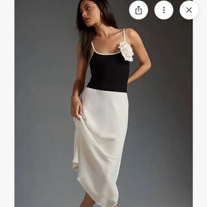 Anthropologie Black & White Midi Slip Dress with Floral Accent